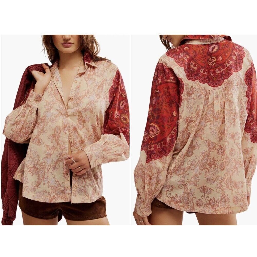 New Free People Rosebud Paisley Print Cotton Button-Up Shirt Blouse Size Small - Picture 2 of 6
